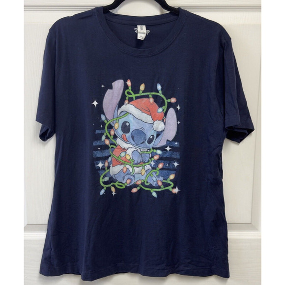Disney Stitch Christmas Tangled Lights T-Shirt Navy Blue Women's Size XL - Picture 1 of 8